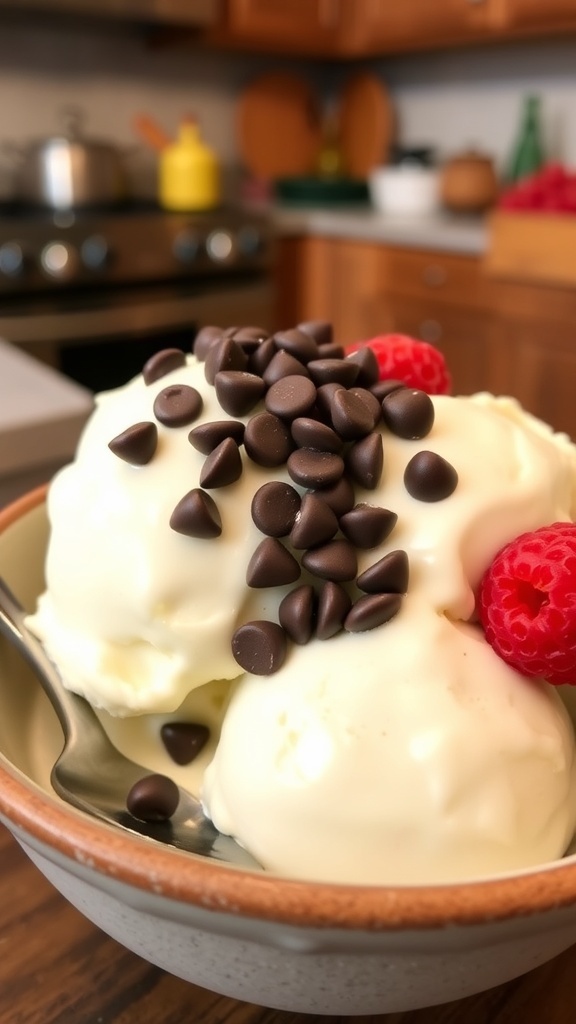A bowl of zero carb ice cream topped with chocolate chips and berries, on a kitchen counter.